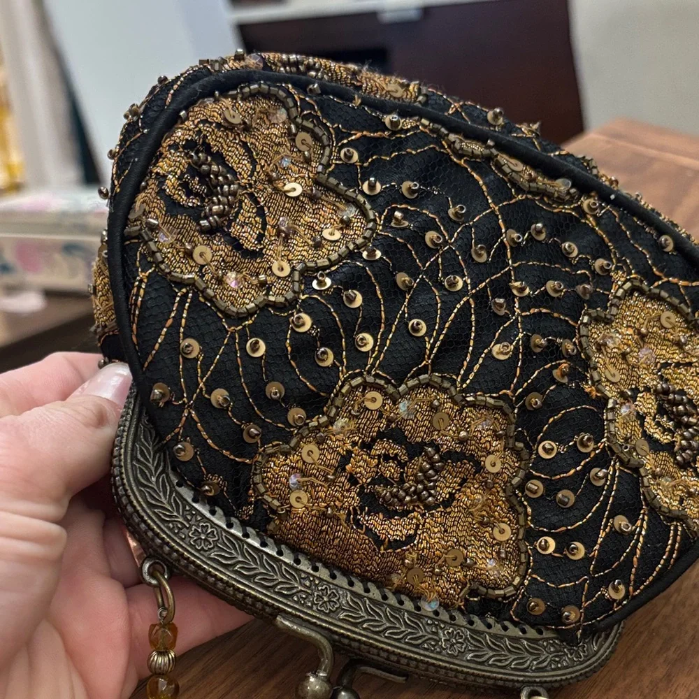Vintage Christiana Black and Gold Floral Embroidered Clutch- beaded